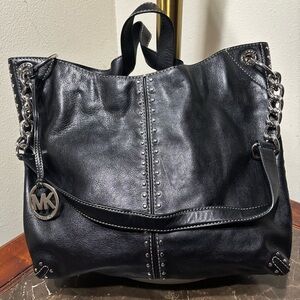 Michael Kors Black Leather Tote with Silver Chain
